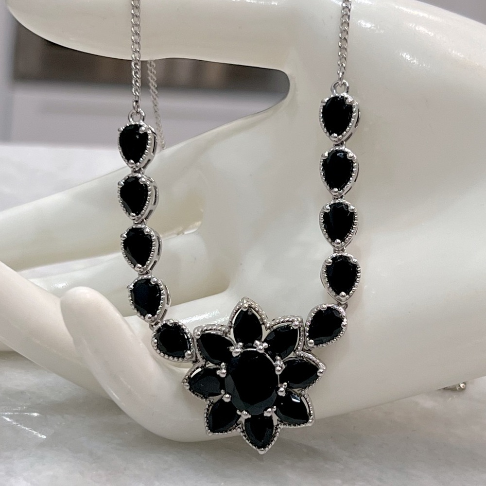 Californian Black Jade Sterling Silver Floral Necklace